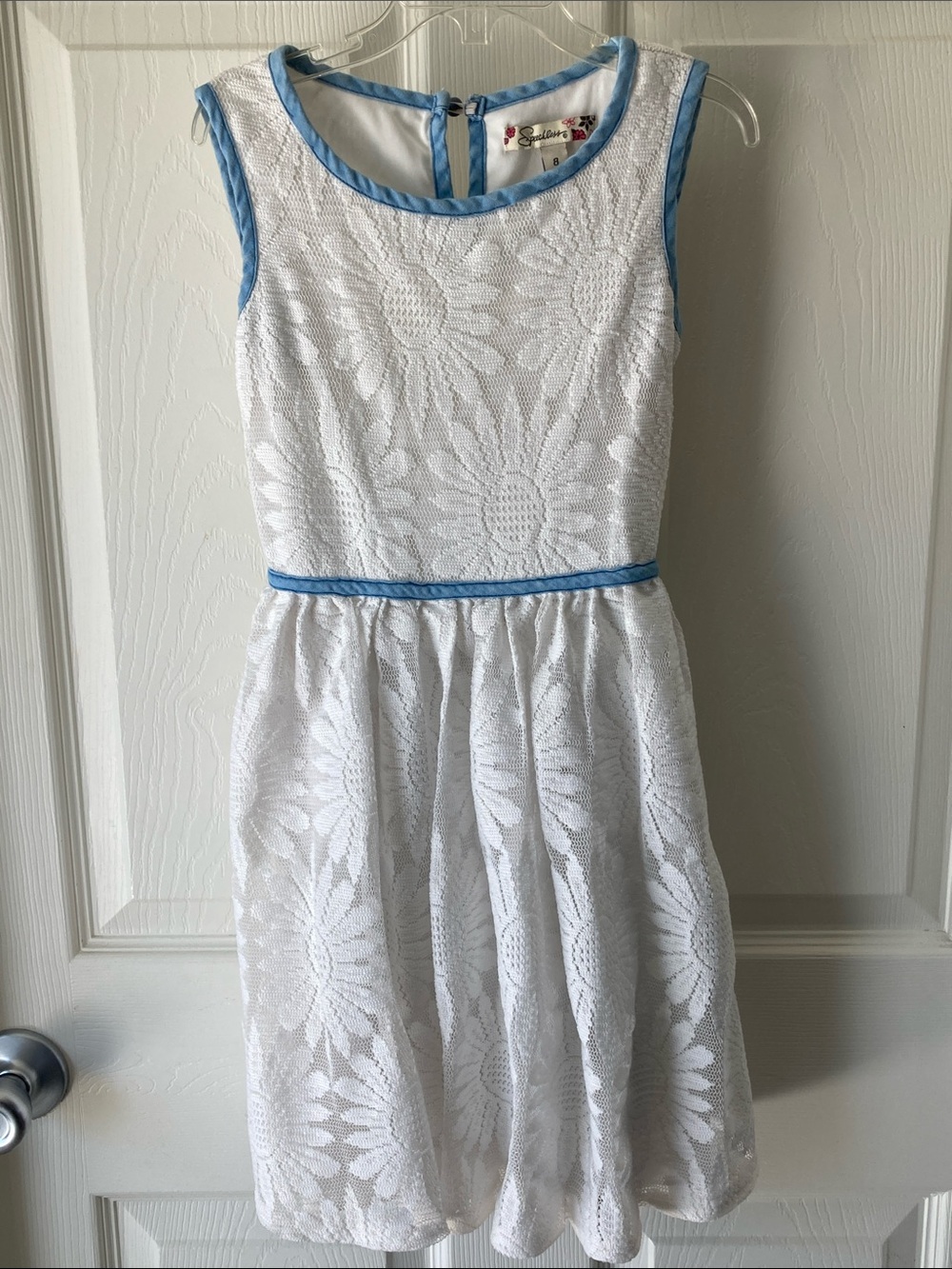 Girls White Lace Dress with Blue Trim - Elegant Kids Dress Size 8